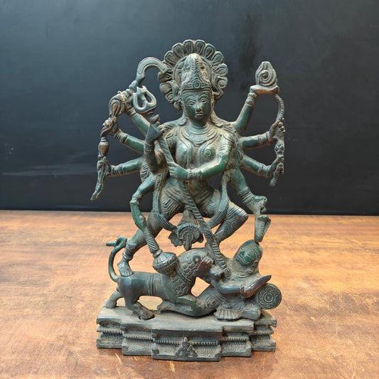 Brass Kali Statue With Temple Arch Antique Patina Finish 11 Inch