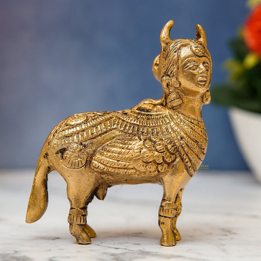 Brass Kamdhenu Cow With Goddess Face 4 Inch