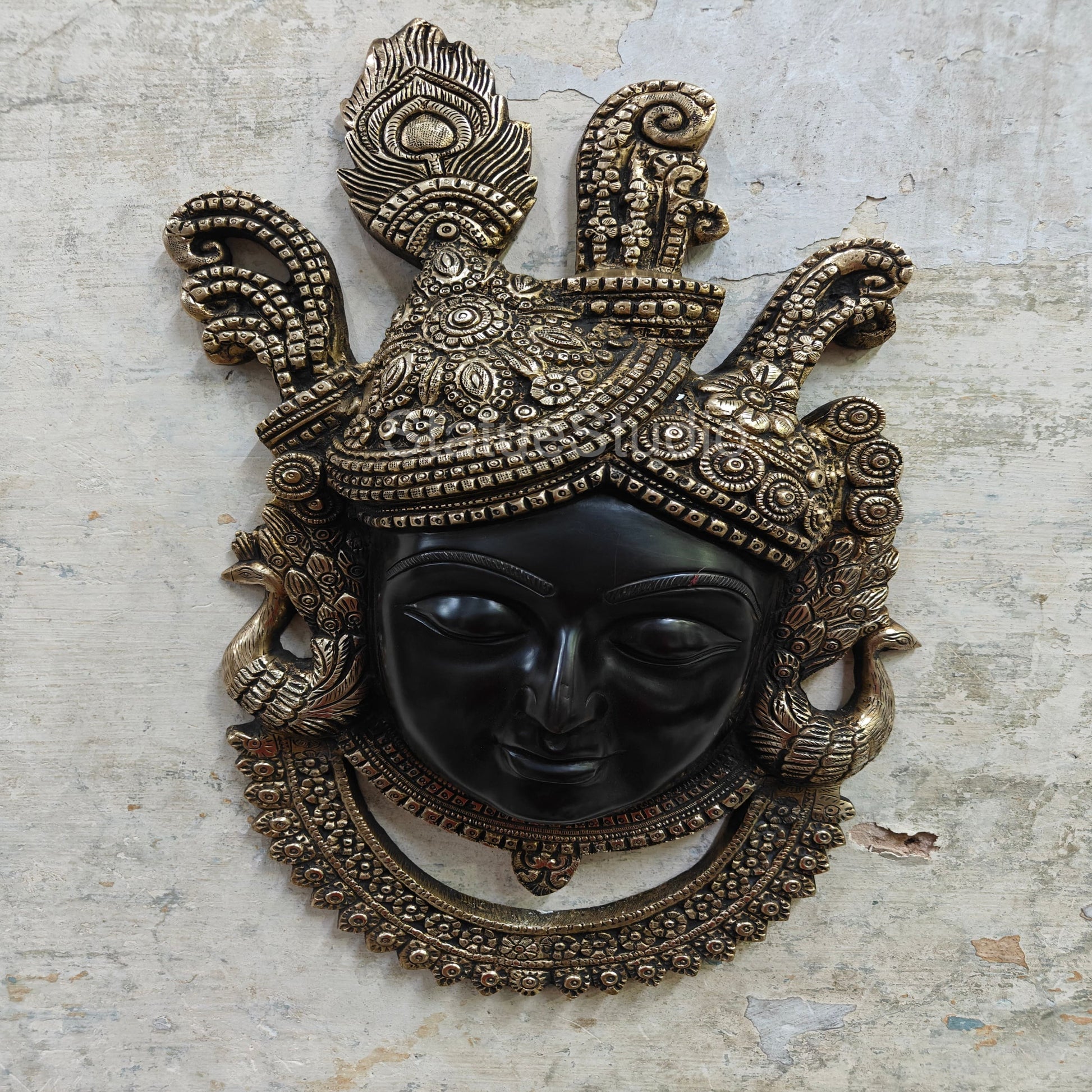 Brass Krishna Face Wall hanging Antique Finish For Home Decor 18" - Eco-friendly - Sama Homes