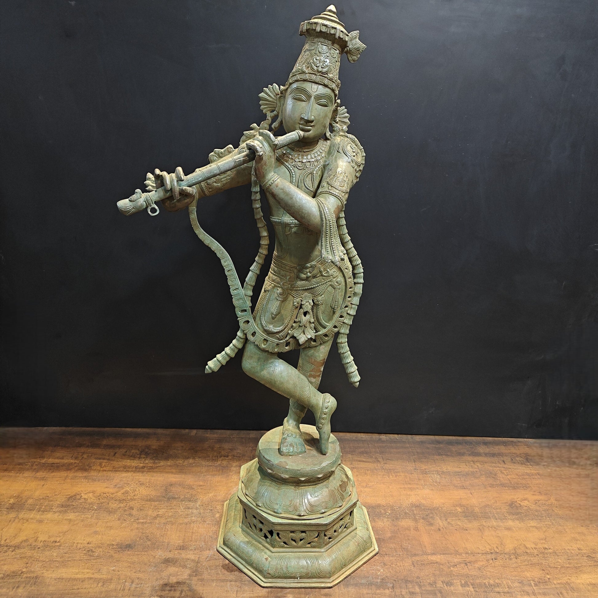 Brass Krishna Idol Antique Finish 45 Inches - Eco-friendly - Sama Homes