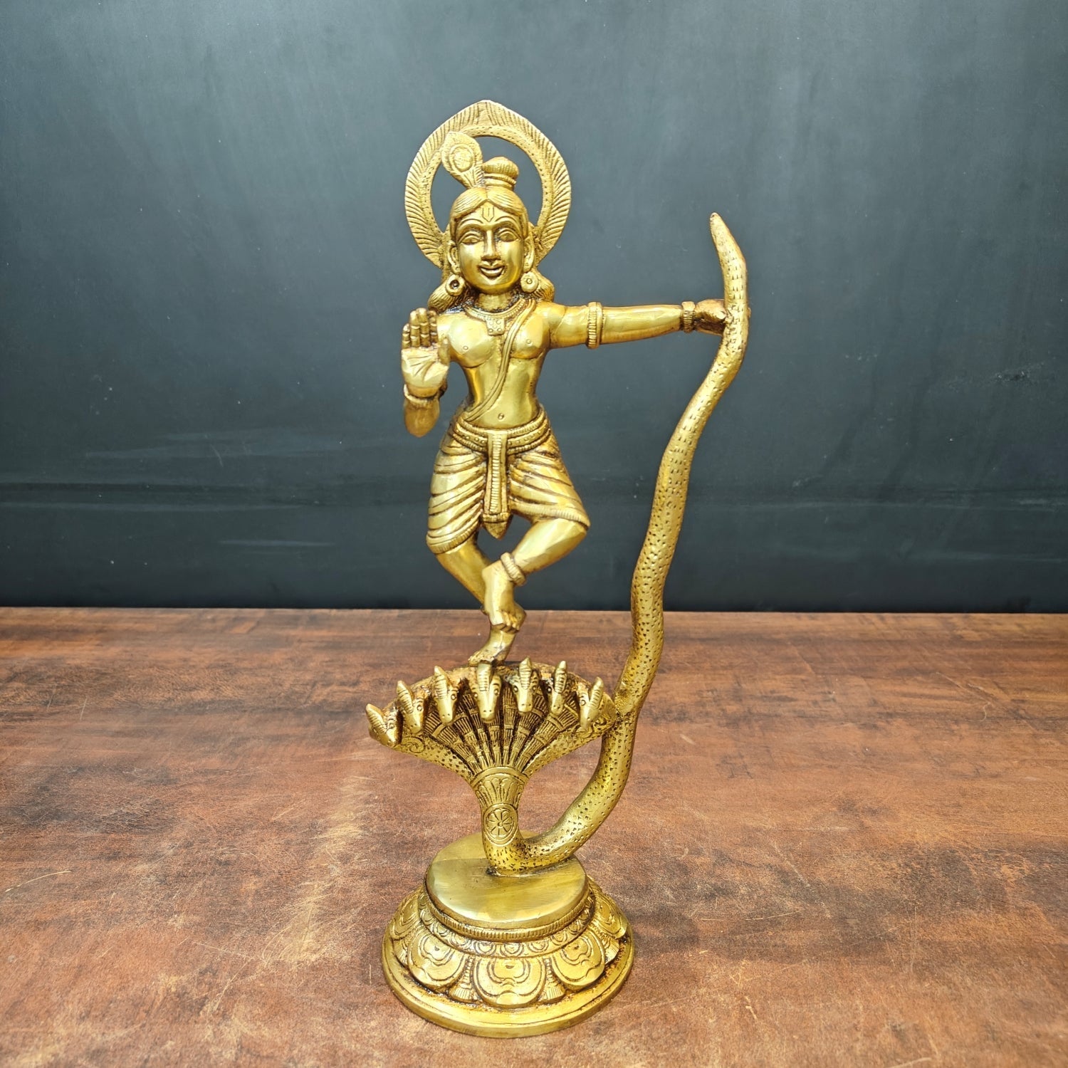 Brass Krishna Idol Dancing On Kaliya Naag Golden Finish 13 Inches - Eco-friendly - Sama Homes