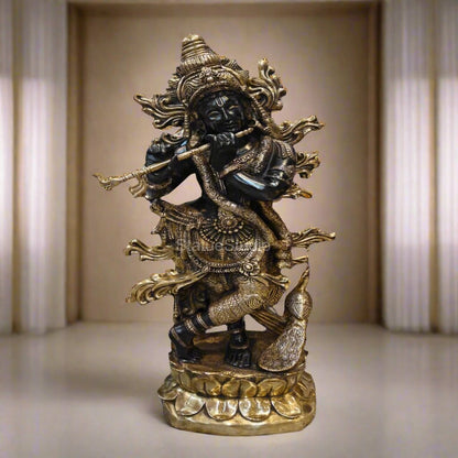 Brass Krishna Idol Finely Crafted Antique Finish For Home Decor 4 Feet by vendor-unknown - Hindu Gods