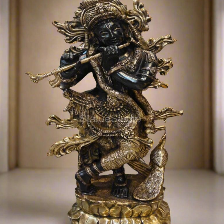 Brass Krishna Idol Finely Crafted Antique Finish For Home Decor 4 Feet - Image 2