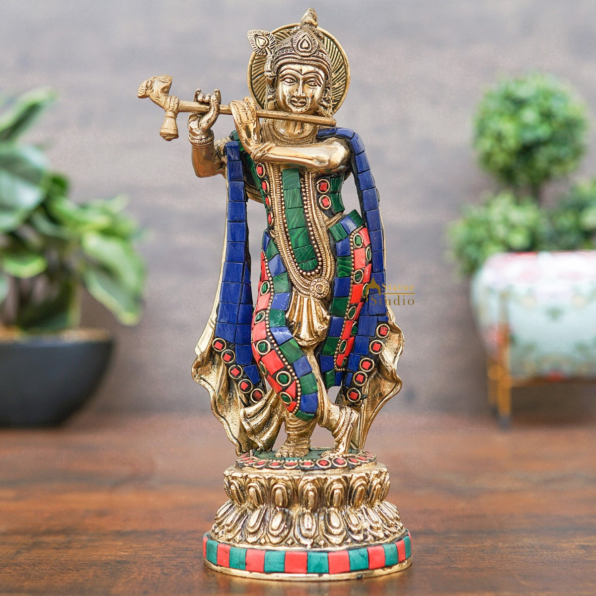 Brass Krishna Idol with Flute 10" by StatueStudio