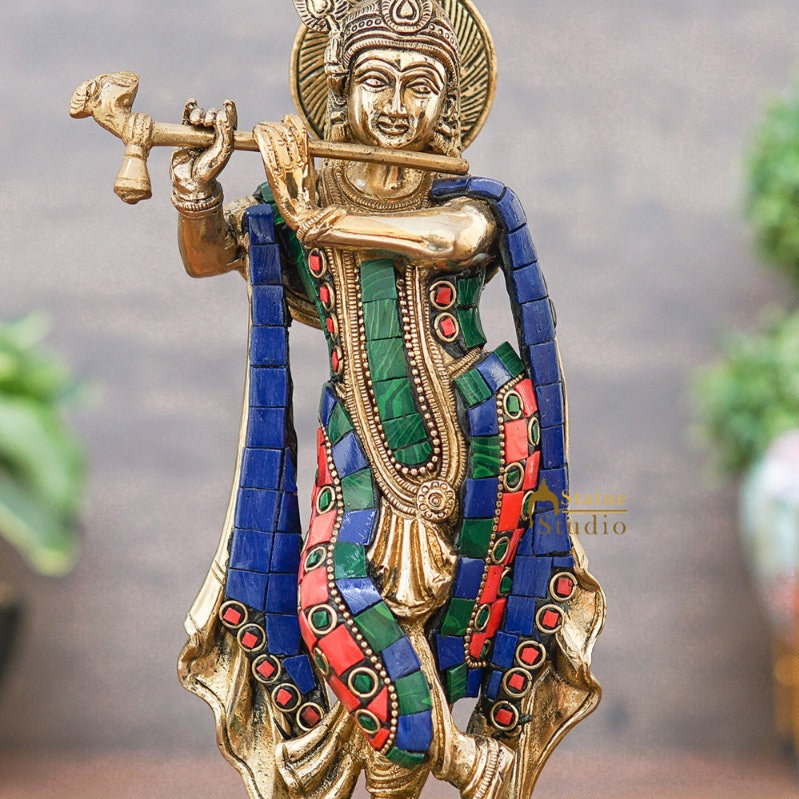 Brass Krishna Idol with Flute 10" by StatueStudio