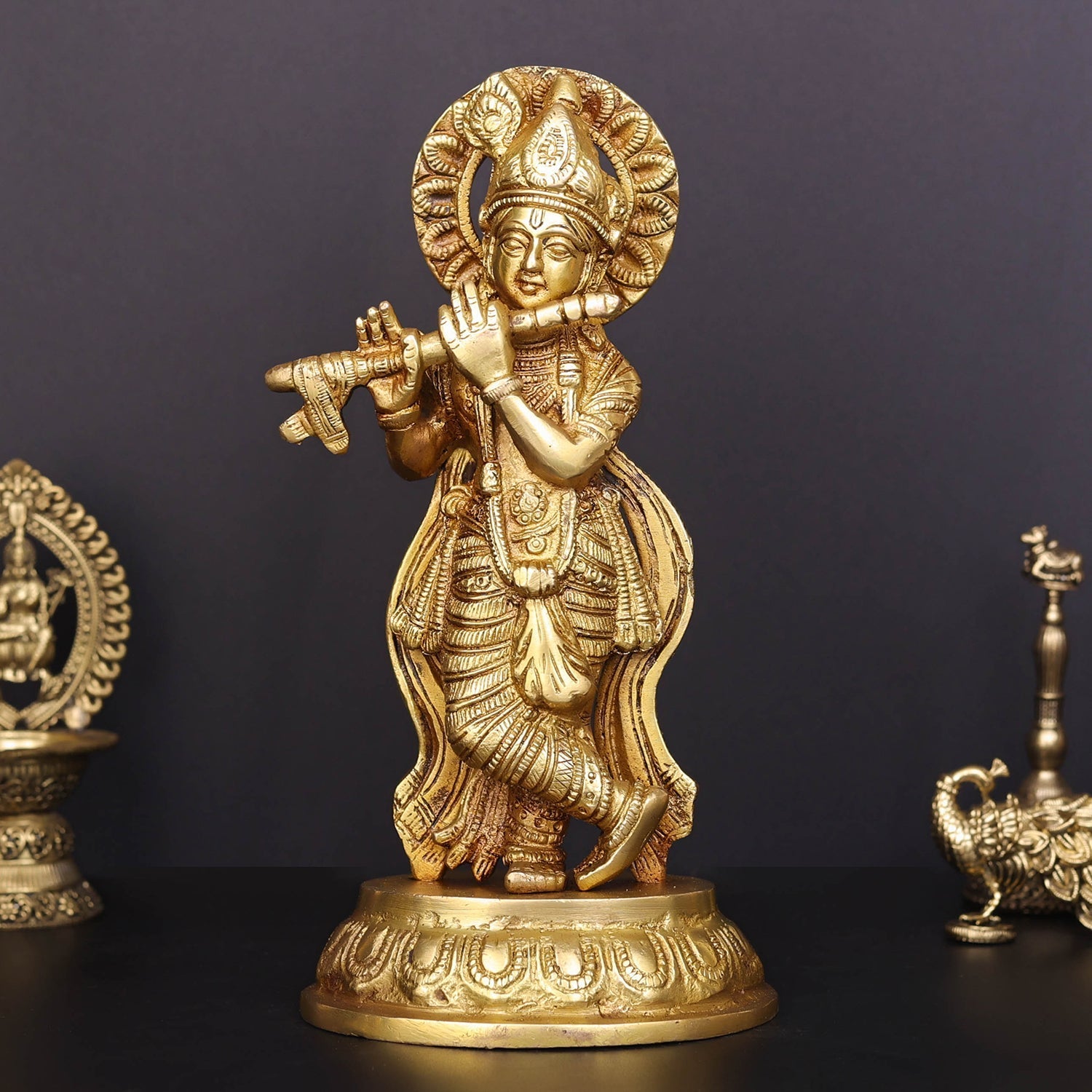 Brass Krishna Idol Golden Finish For Home Decor 8.5 Inch - Eco-friendly - Sama Homes