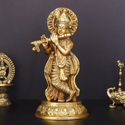 Brass Krishna Idol Golden Finish For Home Decor 8.5 Inch by vendor-unknown - Hindu Gods
