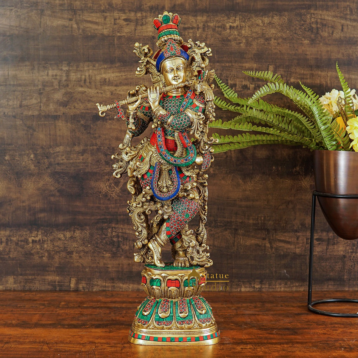 Brass Krishna Statue with Stonework 2.5 Feet by StatueStudio