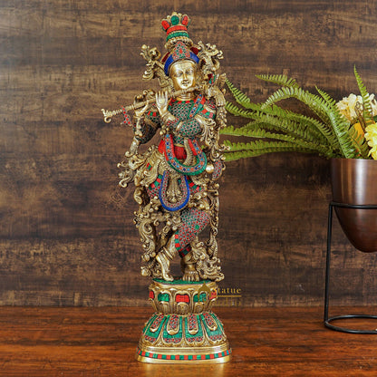 Brass Krishna Statue with Stonework 2.5 Feet by StatueStudio by vendor-unknown - Hindu Gods