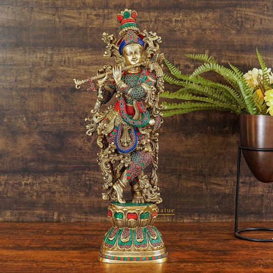 Brass Krishna Statue with Stonework 2.5 Feet by StatueStudio
