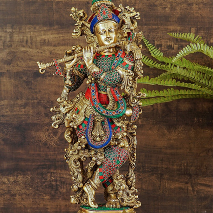 Brass Krishna Statue with Stonework 2.5 Feet by StatueStudio by vendor-unknown - Hindu Gods (View 2)