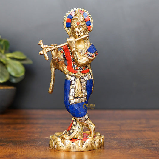 Brass Krishna Idol with Stonework 10" by StatueStudio