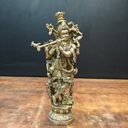 Brass Krishna Idol Playing Flute On Pedastal 14 Inch by vendor-unknown - Hindu Gods