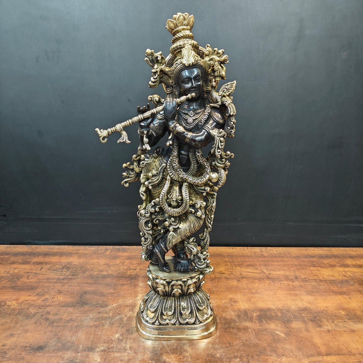 Brass Krishna Idol Religious Black Patina Finish For Home Decor 29 Inch - Eco-friendly - Sama Homes