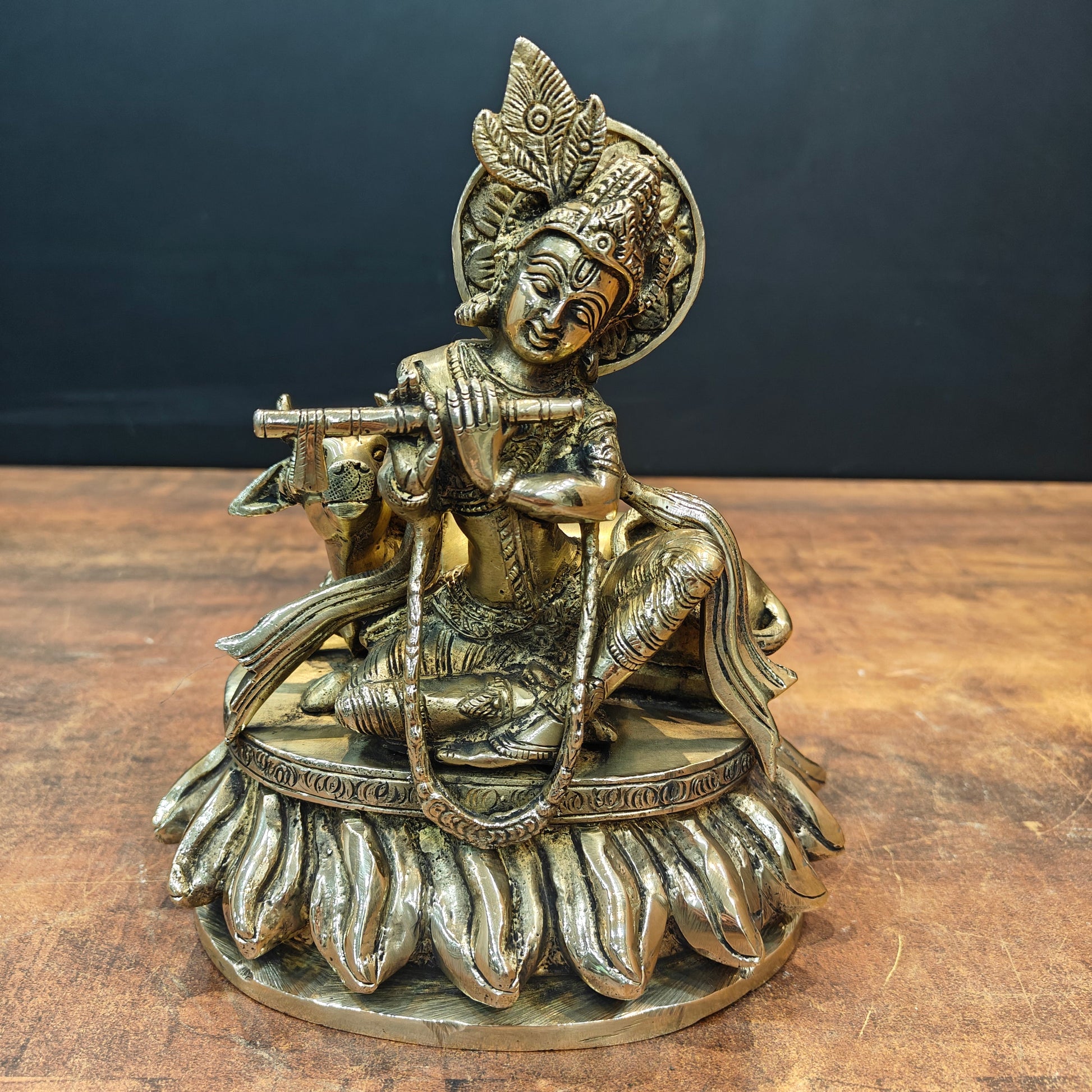 Brass Krishna Idol Seated With Cow On Pedestal 9 Inch - Eco-friendly - Sama Homes