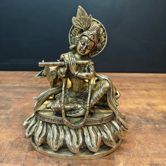 Brass Krishna Idol Seated With Cow On Pedestal 9 Inch