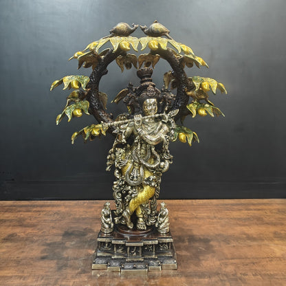 Brass Krishna Idol Under Kadamba Tree Antique Finish 33 Inches by vendor-unknown - Hindu Gods