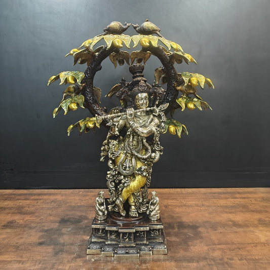 Brass Krishna Idol Under Kadamba Tree Antique Finish 33 Inches