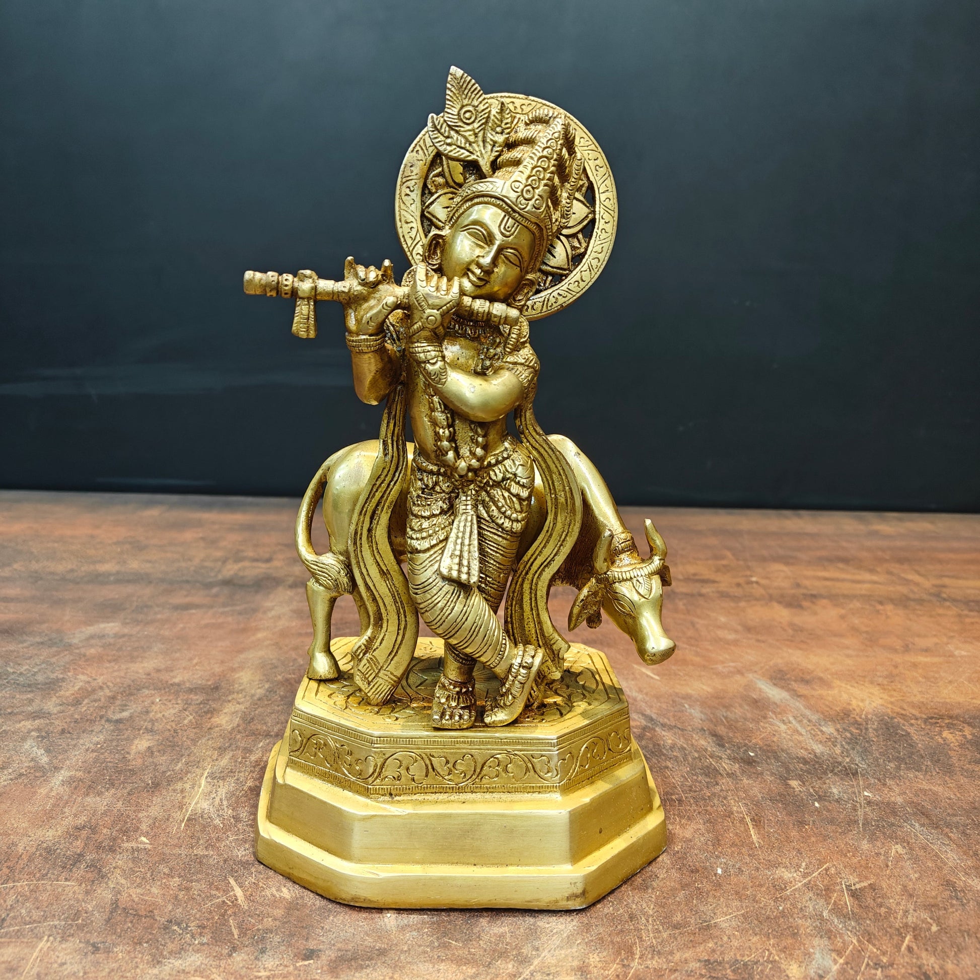 Brass Krishna Idol With Cow 10 Inch - Image 3