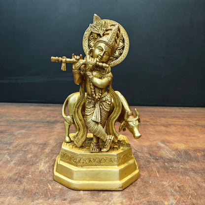 Brass Krishna Idol With Cow 10 Inch by vendor-unknown - Hindu Gods (View 3)