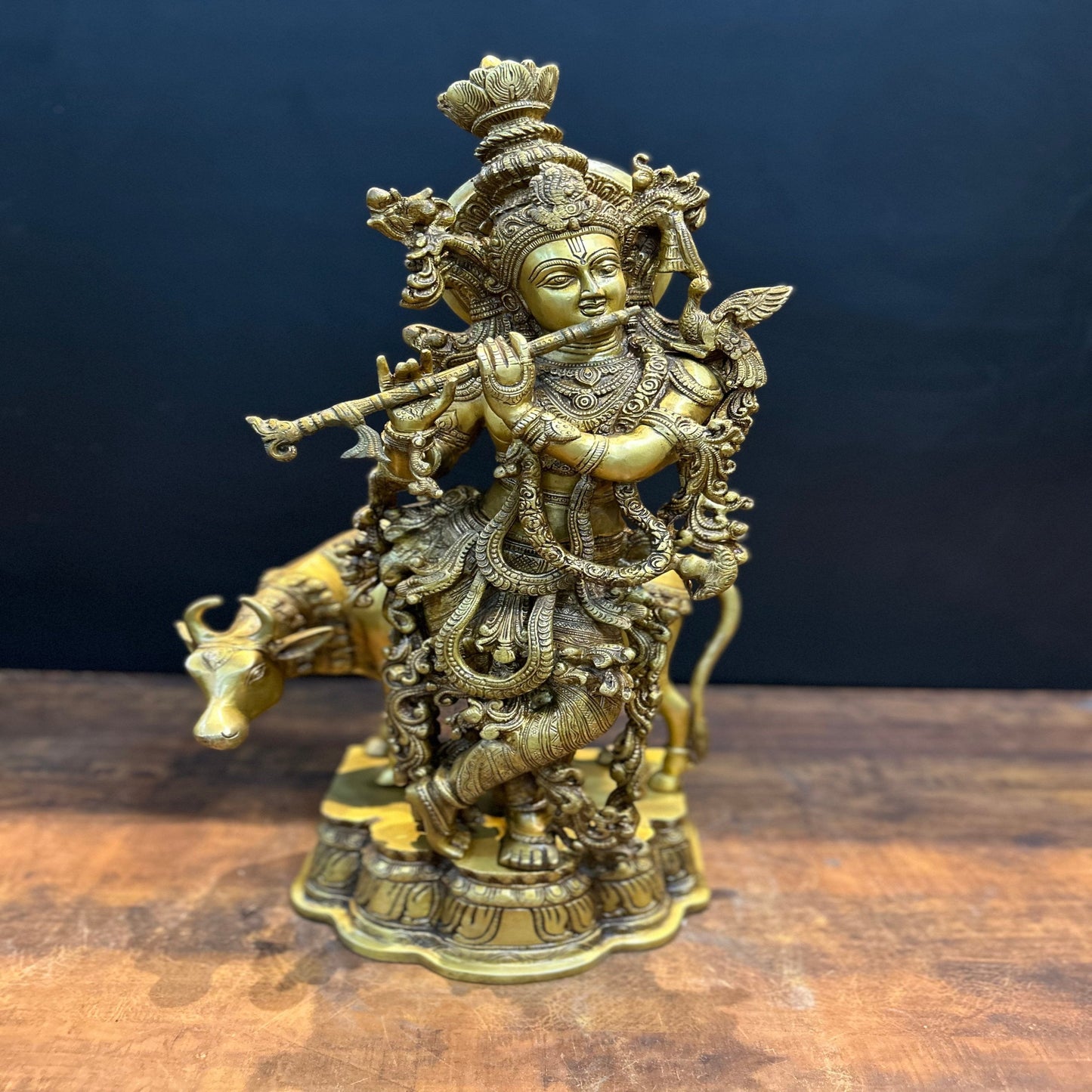 Brass Krishna Idol With Cow Antique Finish 26 Inches