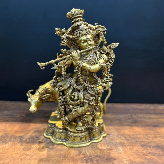 Brass Krishna Idol With Cow Antique Finish 26 Inches