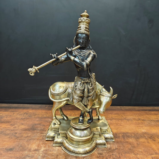 Brass Krishna Idol With Cow Black Gold Finish 26 Inch