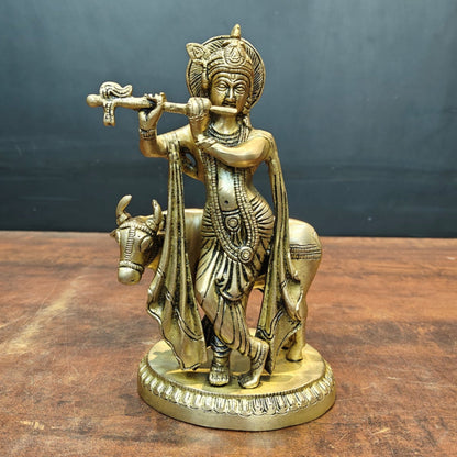 Brass Krishna Idol With Cow For Home Decor 8.5 Inch by vendor-unknown - Hindu Gods