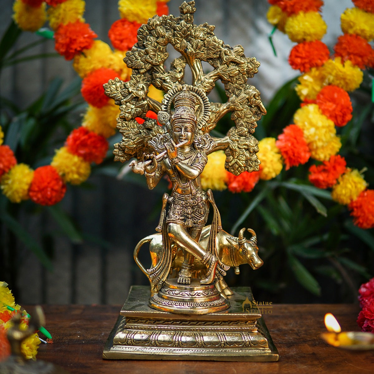 Brass Krishna Idol with Cow Under Tree 17" by StatueStudio