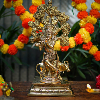 Brass Krishna Idol with Cow Under Tree 17" by StatueStudio by vendor-unknown - Hindu Gods