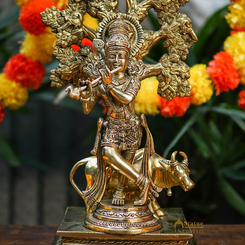Brass Krishna Idol with Cow Under Tree 17" by StatueStudio