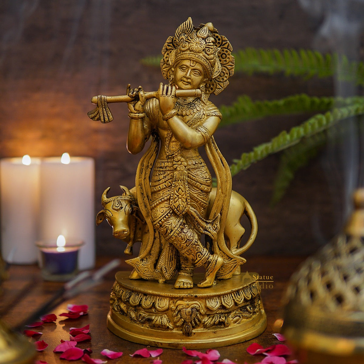 Brass Krishna with Cow Idol 12"