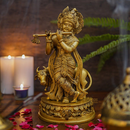 Brass Krishna with Cow Idol 12" by vendor-unknown - Hindu Gods