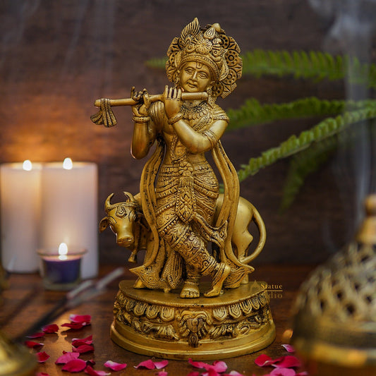 Brass Krishna with Cow Idol 12"