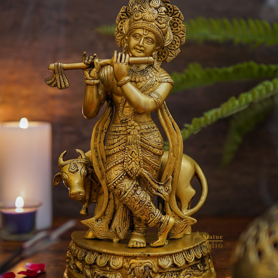 Brass Krishna with Cow Idol 12" - Image 2