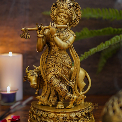 Brass Krishna with Cow Idol 12" by vendor-unknown - Hindu Gods (View 2)