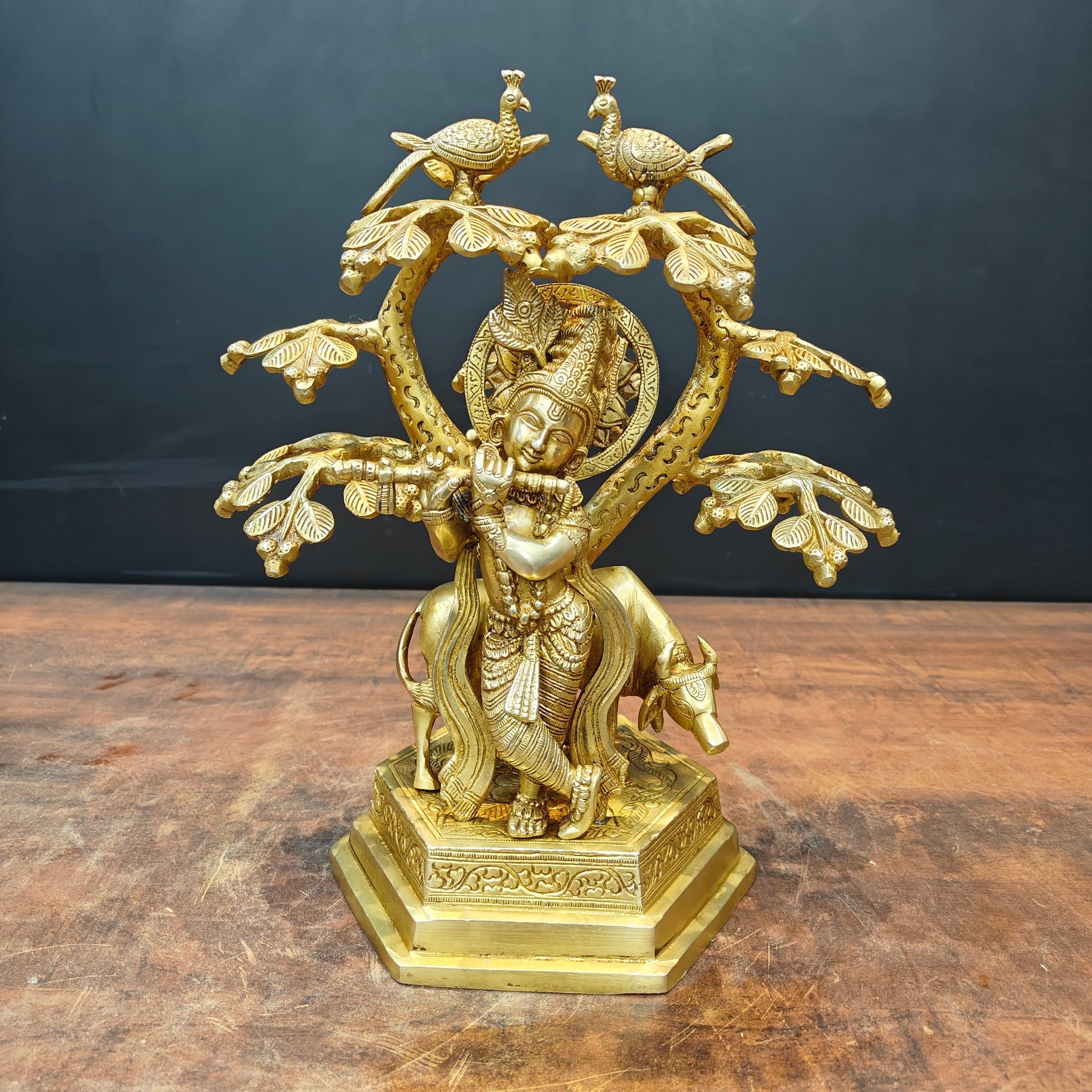 Brass Krishna Idol With Cow Under Kadamba Tree 14 Inch - Eco-friendly - Sama Homes