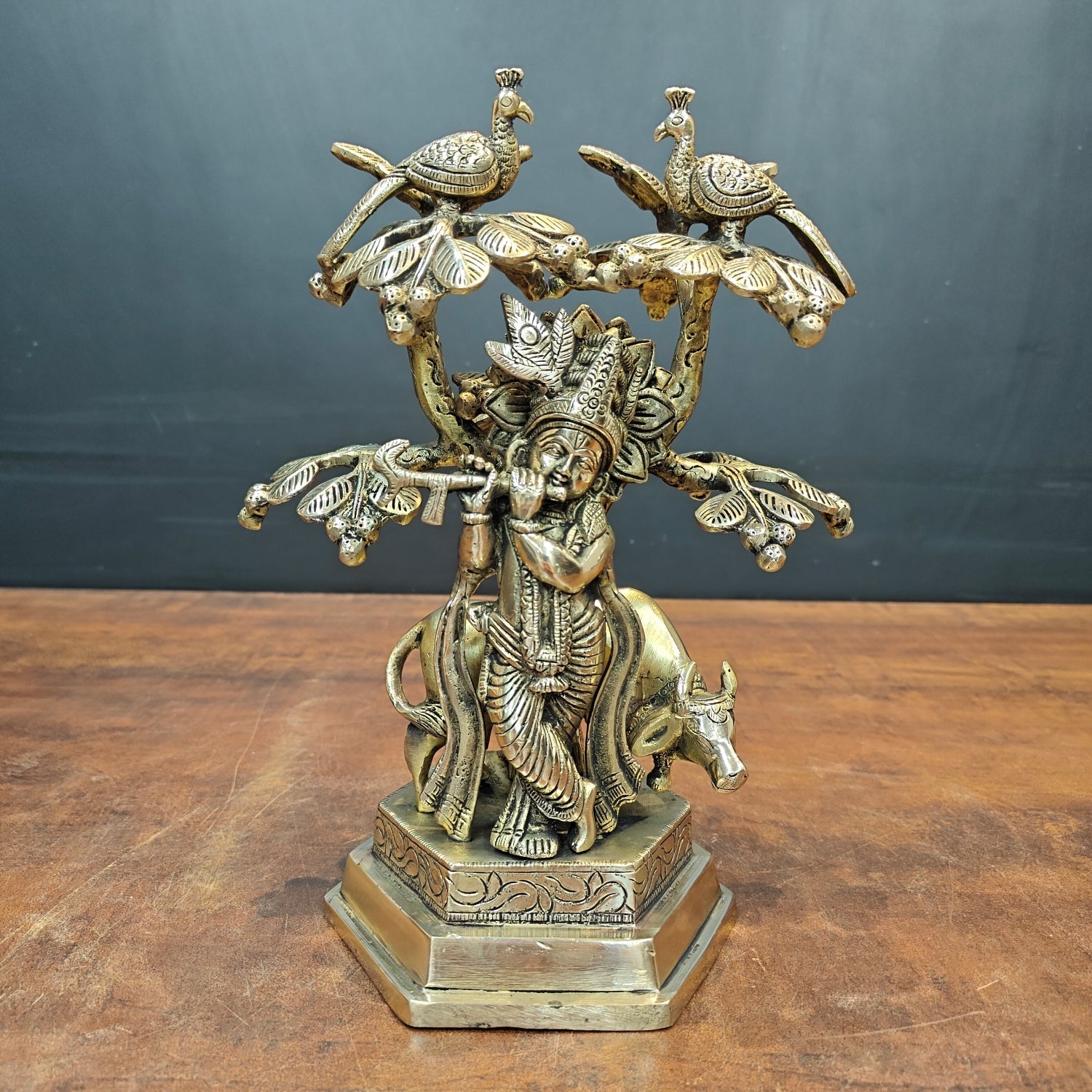 Brass Krishna Idol With Cow Under Kadamba Tree Antique Finish 10 Inches - Eco-friendly - Sama Homes