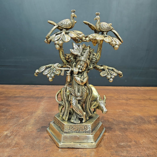 Brass Krishna Idol With Cow Under Kadamba Tree Antique Finish 10 Inches