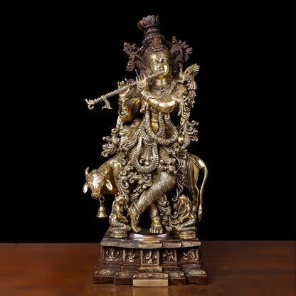 Brass Krishna Idol With Cow on Carved Pedestal Antique Finish 28 Inches by vendor-unknown - Hindu Gods