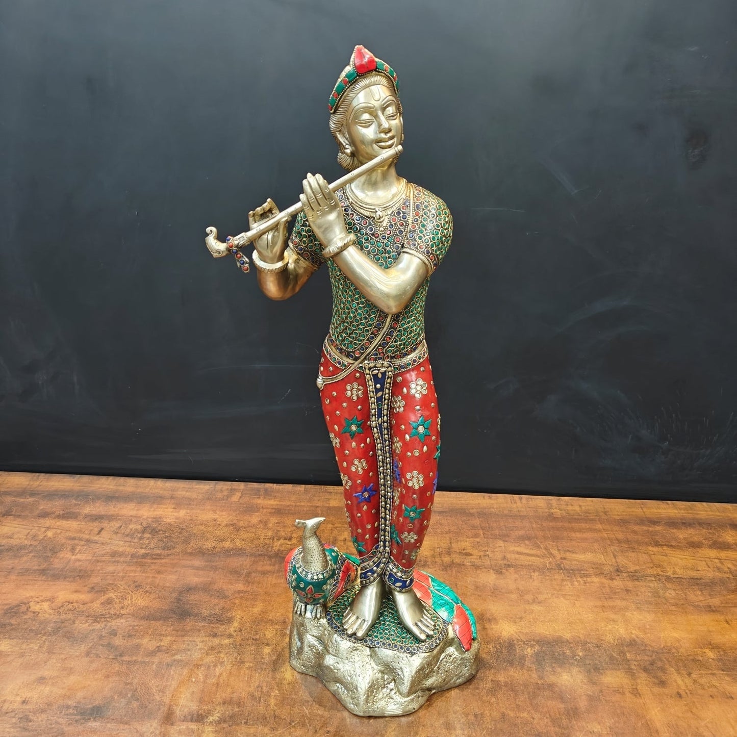 Brass Antique Krishna Statue with Flute (Peacock Stone Inlay) 29.5"