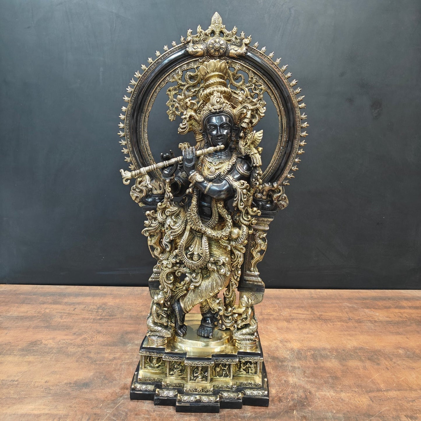 Brass Krishna Idol With Prabhavali Black Patina Finish 32 Inch
