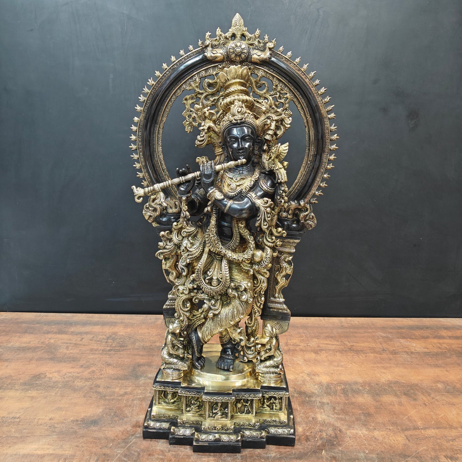 Brass Krishna Idol With Prabhavali Black Patina Finish 32 Inch - Eco-friendly - Sama Homes