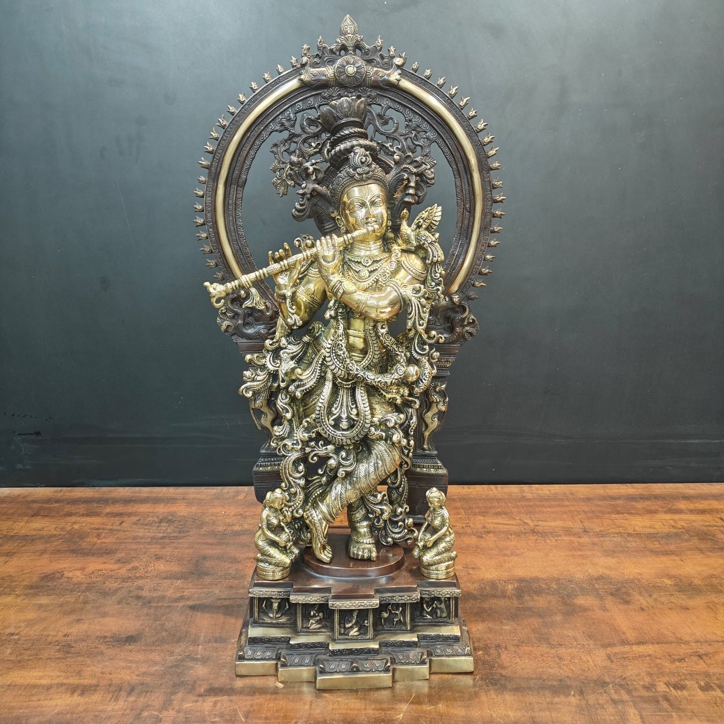 Brass Krishna Idol With Prabhavali Orange Patina Finish 32 Inch