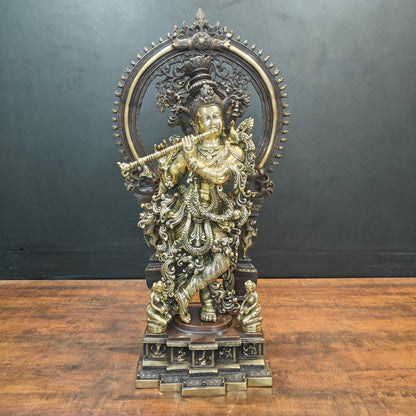 Brass Krishna Idol With Prabhavali Orange Patina Finish 32 Inch by vendor-unknown - Hindu Gods
