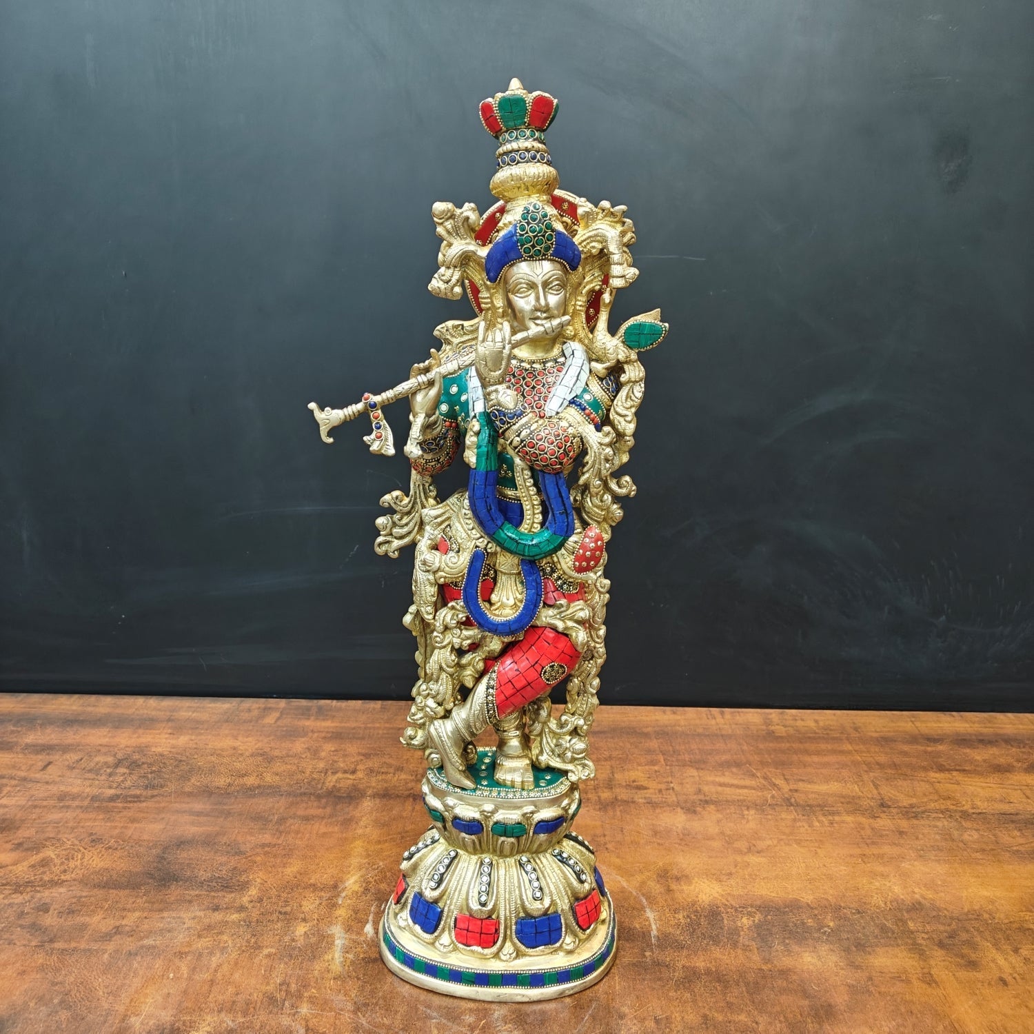 Brass Krishna Idol With Stone Work 2 Feet - Eco-friendly - Sama Homes