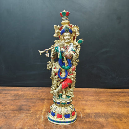 Brass Krishna Idol With Stone Work 2 Feet by vendor-unknown - Hindu Gods