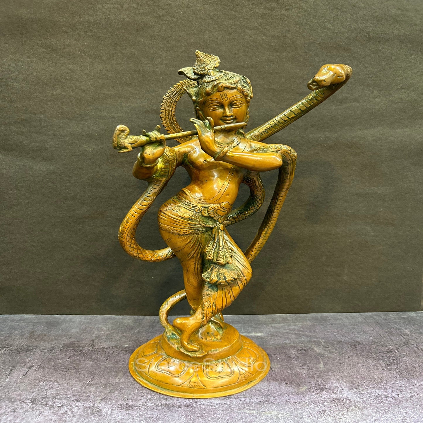 Brass Krishna Idol with Kaliya Naag in Copper Patina Finish 15" by StatueStudio