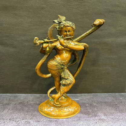 Brass Krishna Idol with Kaliya Naag in Copper Patina Finish 15" by StatueStudio by vendor-unknown - Hindu Gods