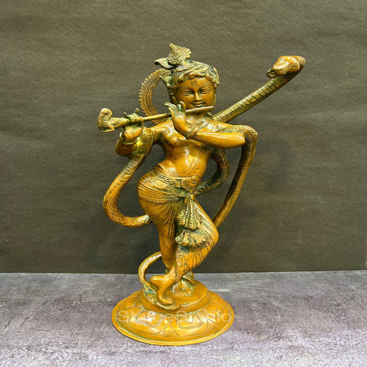 Brass Krishna Idol with Kaliya Naag in Copper Patina Finish 15" by StatueStudio